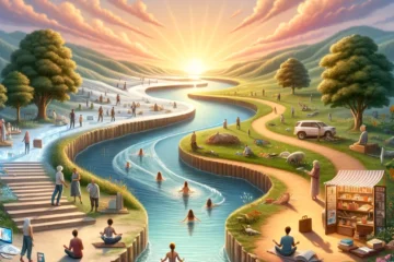 A serene landscape illustrating the flow of time from future to present to past along an upper river. The scene starts with a bright, hopeful sunrise in the future section of the river, transitioning to a vibrant, busy present with people engaging in various activities along the riverbanks, and ending with a calm, reflective sunset representing the past. The future section should be filled with symbols of possibilities like a blank canvas and pathways leading forward along the river. The present should show mindfulness and engagement, with people meditating, working, and enjoying life near the river. The past section should have subtle reflections of memories, books, and photographs along the riverbanks. The overall scene should be interconnected, showing the continuous flow of time along the river.