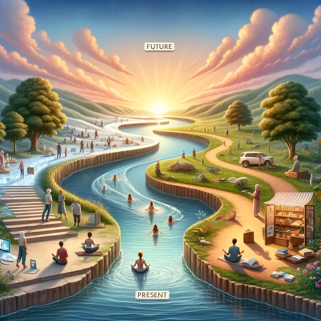 A serene landscape illustrating the flow of time from future to present to past along an upper river. The scene starts with a bright, hopeful sunrise in the future section of the river, transitioning to a vibrant, busy present with people engaging in various activities along the riverbanks, and ending with a calm, reflective sunset representing the past. The future section should be filled with symbols of possibilities like a blank canvas and pathways leading forward along the river. The present should show mindfulness and engagement, with people meditating, working, and enjoying life near the river. The past section should have subtle reflections of memories, books, and photographs along the riverbanks. The overall scene should be interconnected, showing the continuous flow of time along the river.