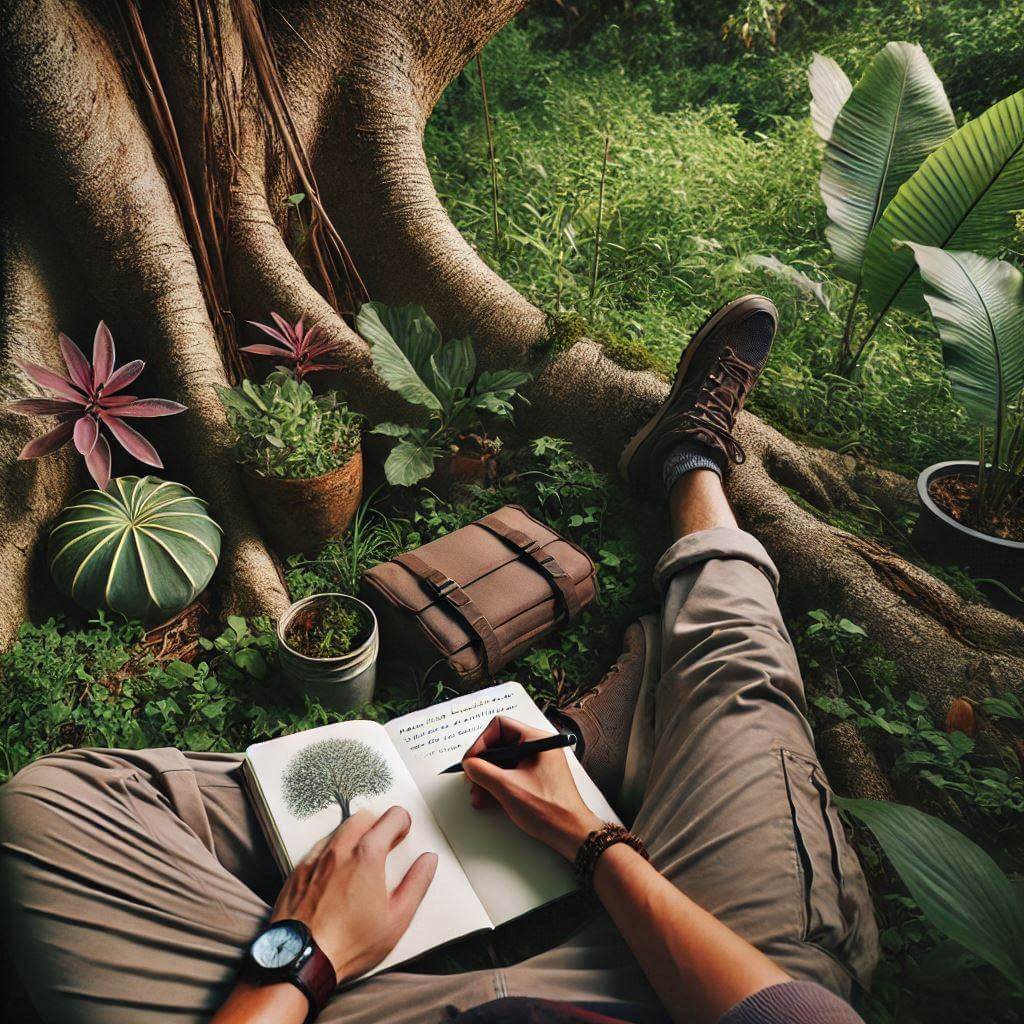 A photo of person sitting under a tree while journaling plants